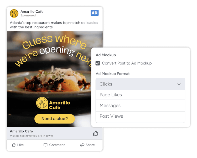 A preview of a Facebook ad with a menu of ad formats.