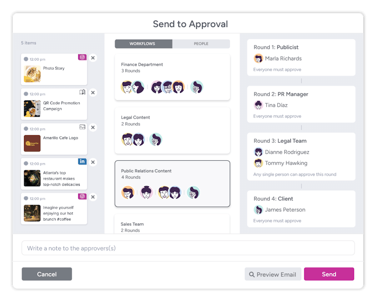 An approval workflow in Gain shows people who need to review and approve content in each round