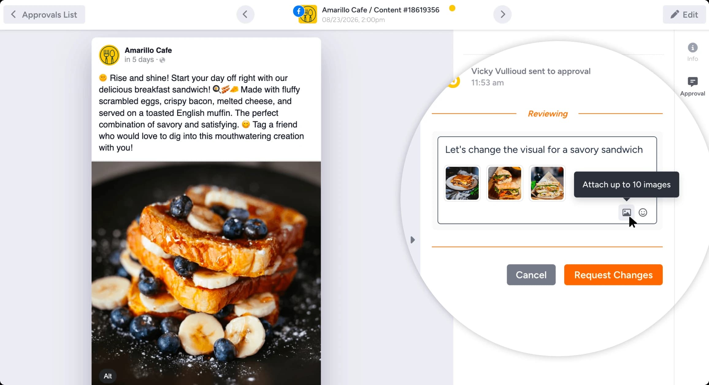 A reviewer attaching reference images to a comment on a social post in Gain