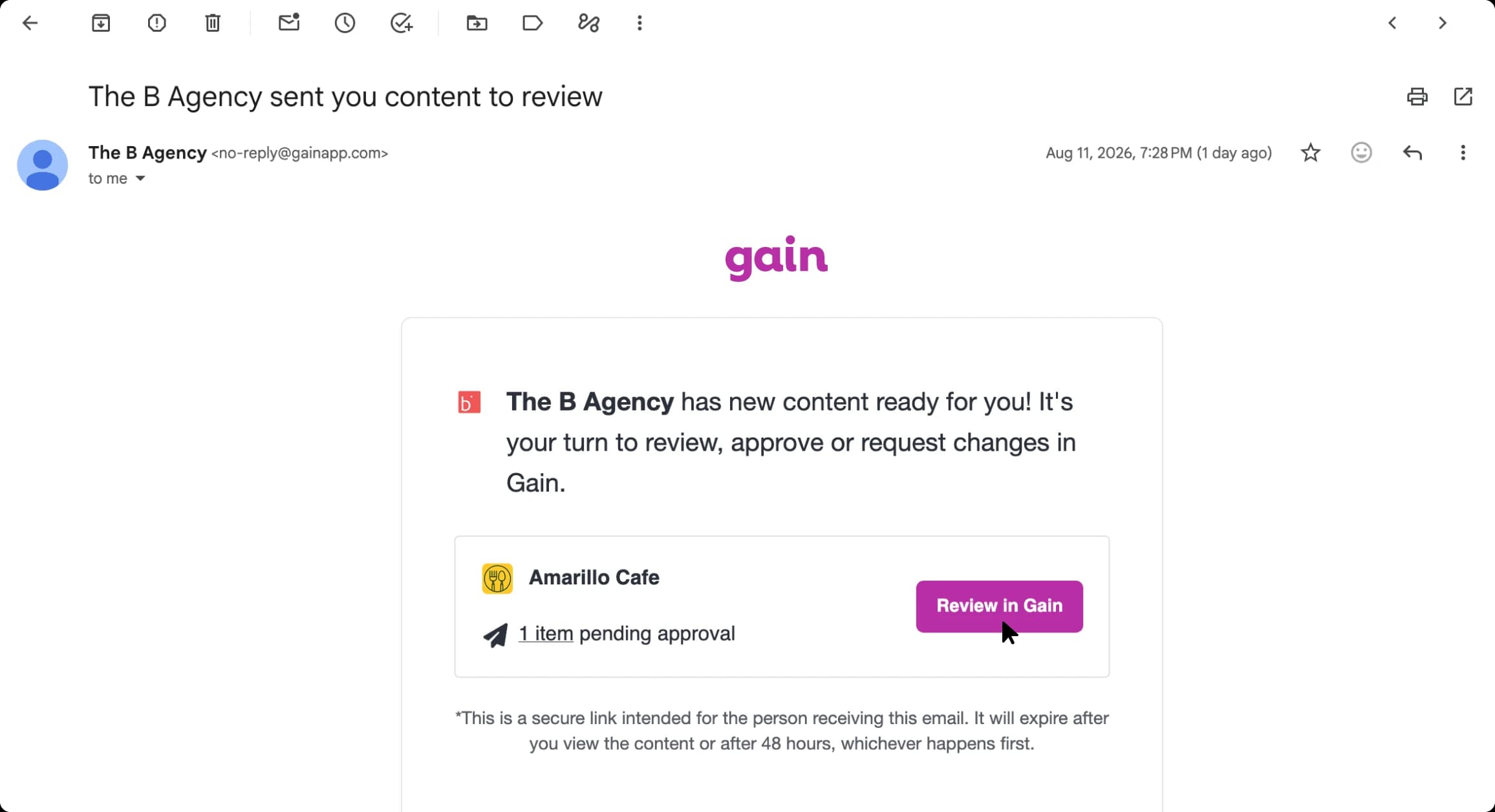 An approval email from Gain with a secure Review in Gain link