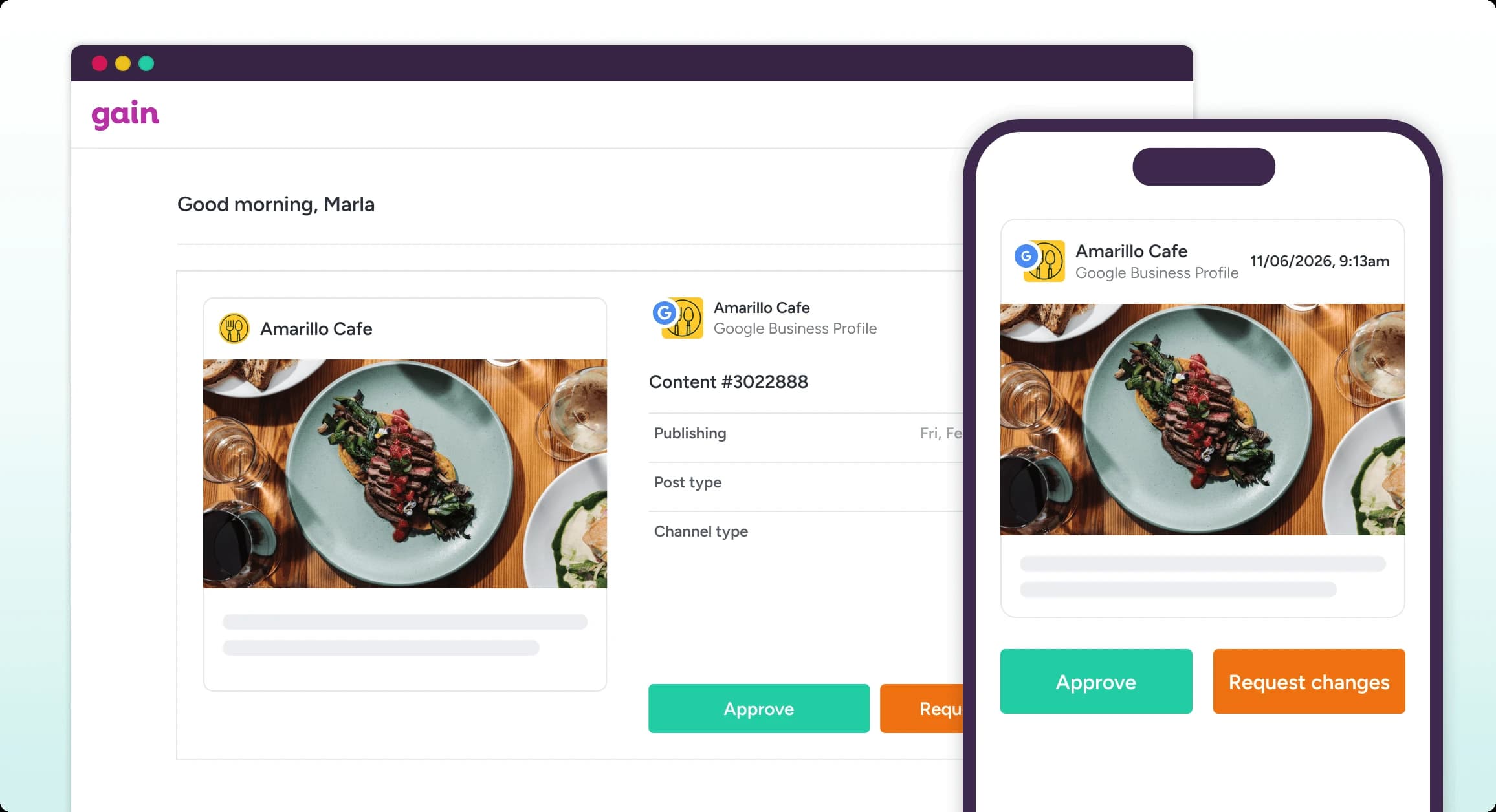 A post in Gain on desktop and mobile with Approve and Request changes buttons