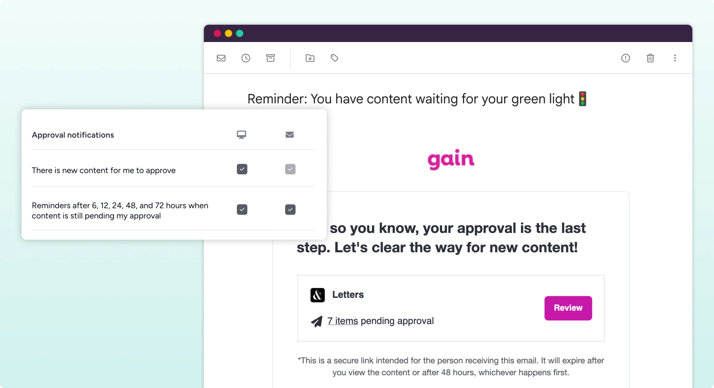 Gain's reminder email and the notification settings that schedule it