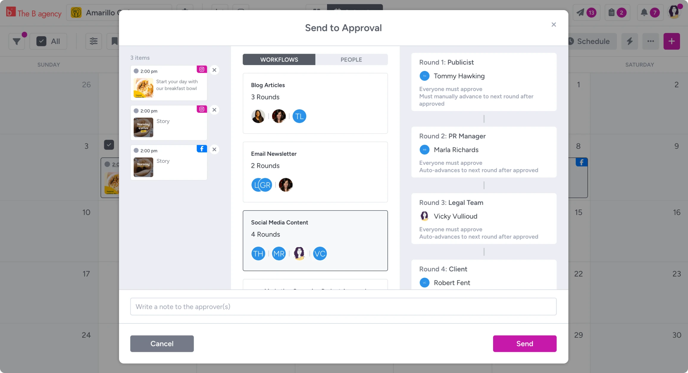 Gain's Send to Approval dialog with a multi-round workflow and its approvers