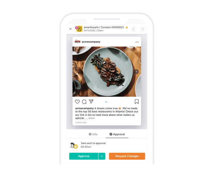 A mobile phone with a social post and options for an approver to approve it or request changes in Gain