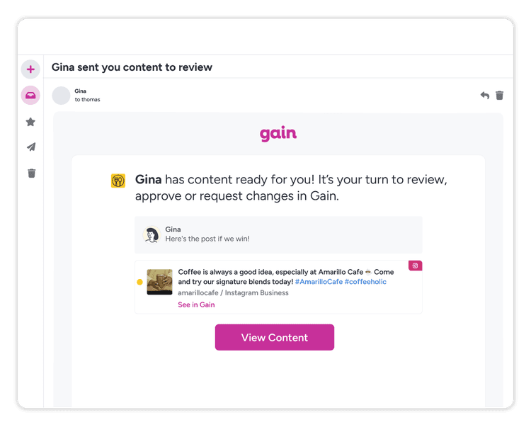 An email notifying someone that they have content in Gain pending to review and approve.