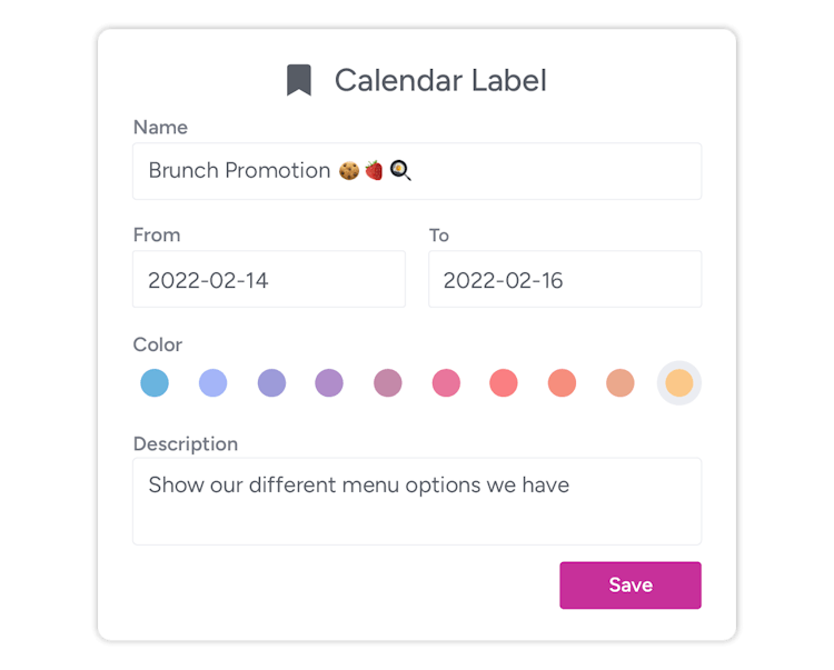 Name, date range and color options to create a calendar label