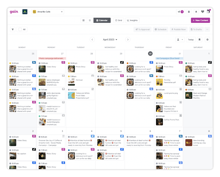 A monthly calendar populated with social posts scheduled for Facebook Instagram, X (Twitter), and Linkedin.