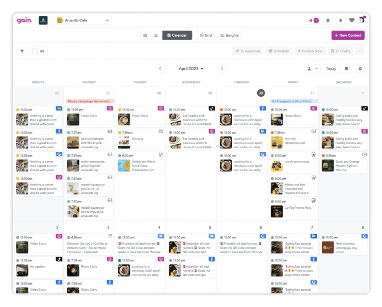 A monthly calendar populated with social posts scheduled for Facebook Instagram, Twitter, and Linkedin.