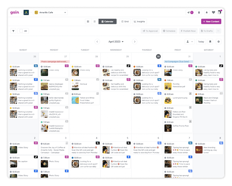 A monthly calendar populated with social posts scheduled for Facebook Instagram, X (Twitter), and Linkedin.