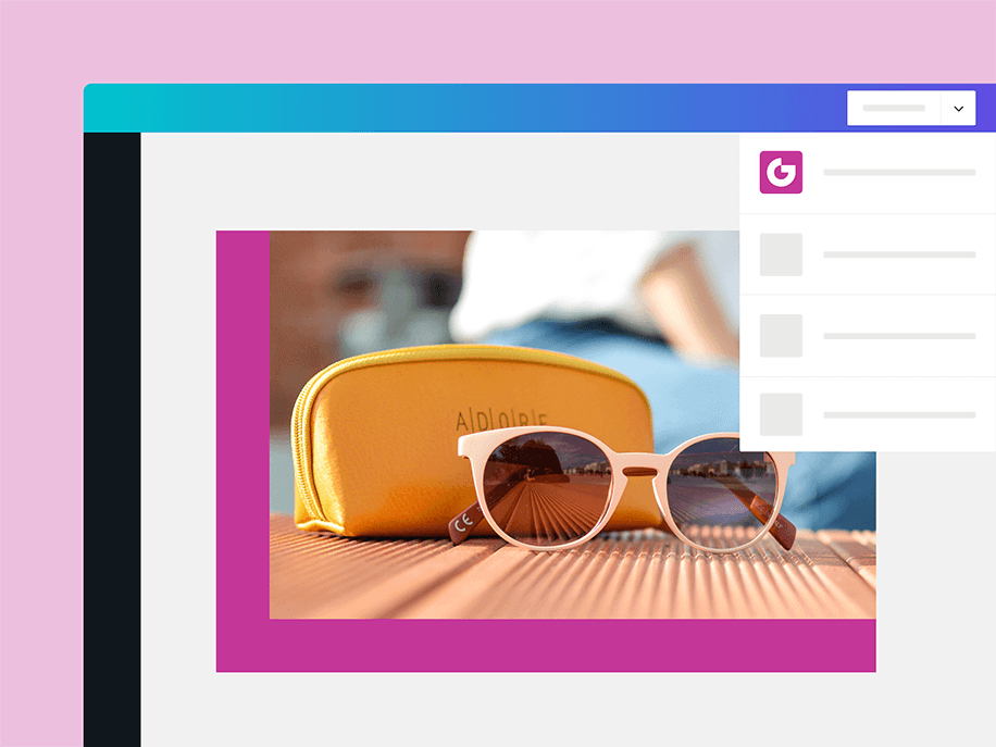 A graphic design with a photo of sunglasses inside the Canva app. A menu shows Gain can be selected.