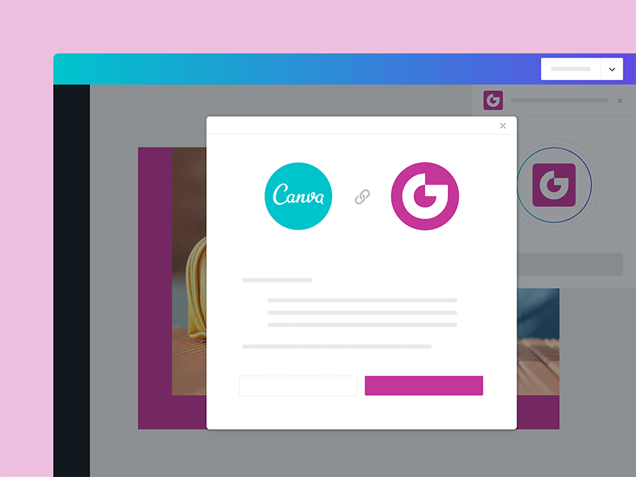 A pop-up window shows the Canva and Gain logos being linked together.