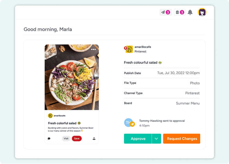 A screenshot of Gain displays a Pinterest post that is pending approval, with a change request from a client next to it.
