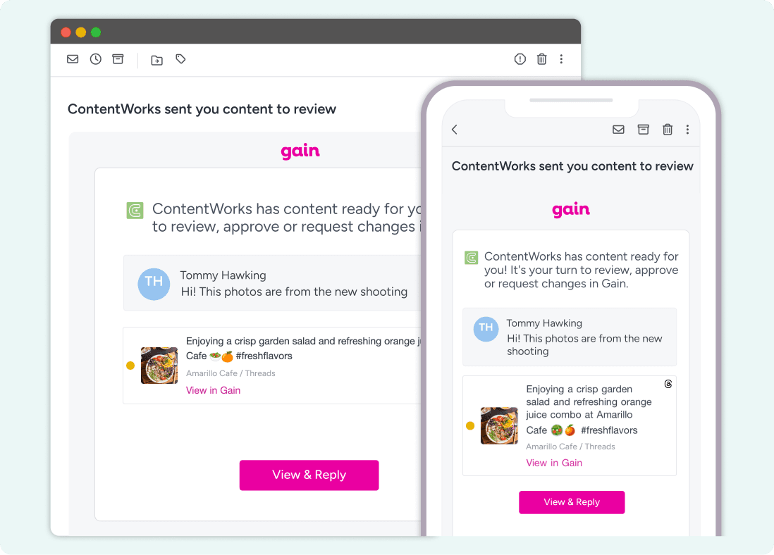 An email in both desktop and mobile versions, notifying a client that they have content to review and approve in Gain.