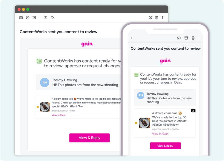 An email in both desktop and mobile versions, notifying a client that they have content to review and approve in Gain.