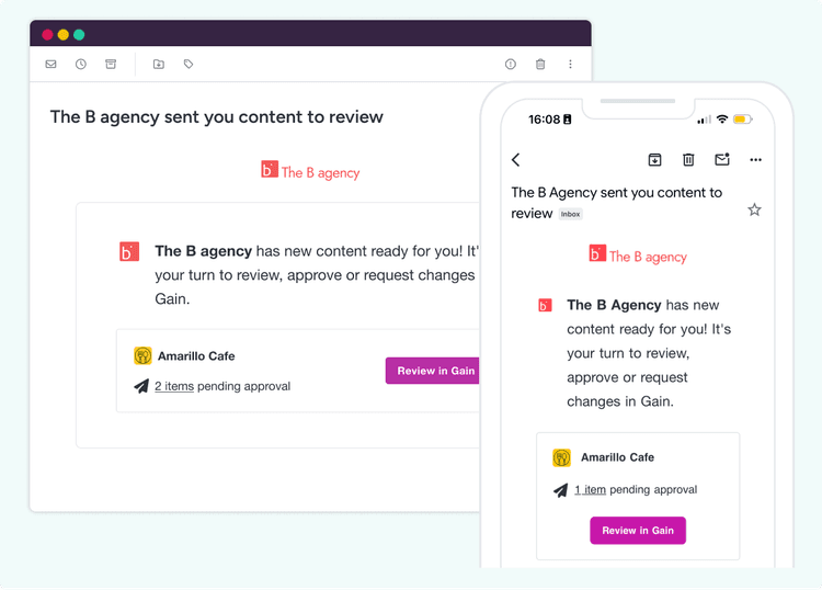An email in both desktop and mobile versions, notifying a client that they have new content to approve in Gain.