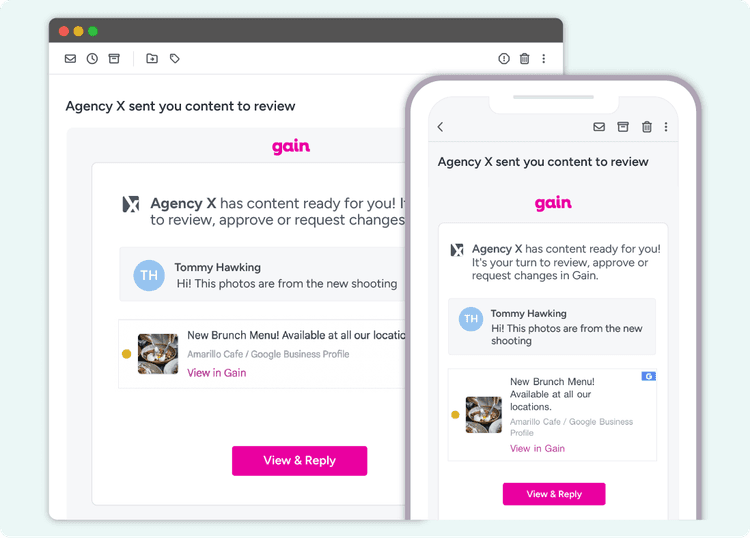 An email in both desktop and mobile versions, notifying a client that they have content to review and approve in Gain.