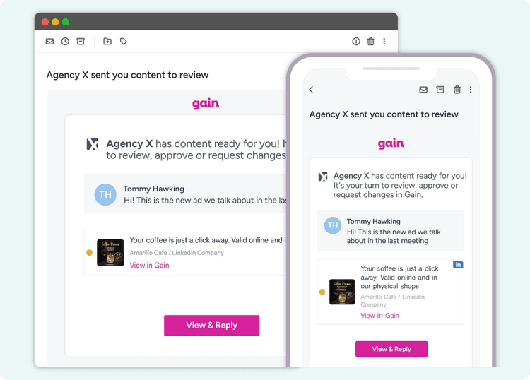 An email in both desktop and mobile versions, notifying a client that they have content to review and approve in Gain.