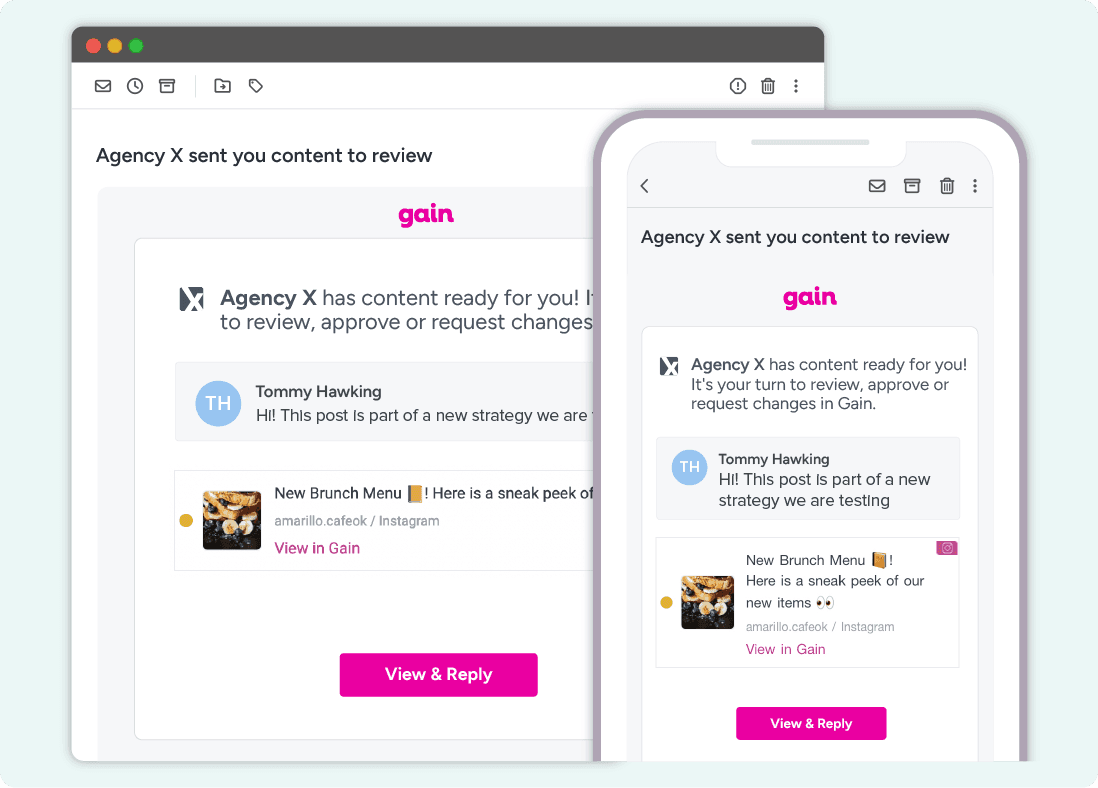An email in both desktop and mobile versions, notifying a client that they have content to review and approve in Gain.