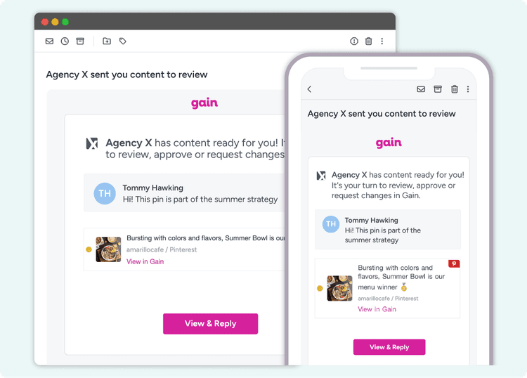 An email in both desktop and mobile versions, notifying a client that they have content to review and approve in Gain.