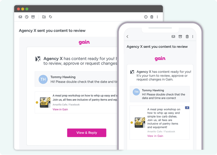 An email in both desktop and mobile versions, notifying a client that they have content to review and approve in Gain.