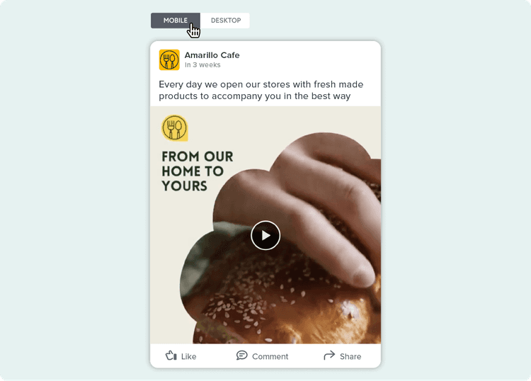 A preview of a social media post with a toggle to select mobile view or desktop view.
