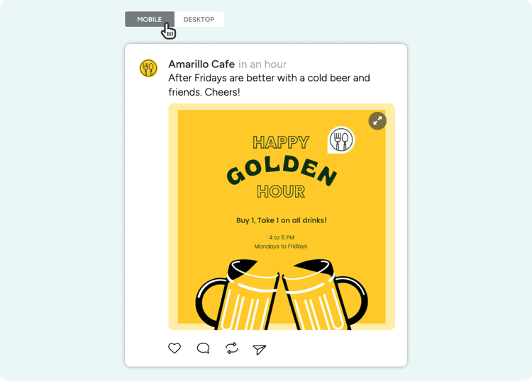 A preview of a social media post with a toggle to select mobile view or desktop view.