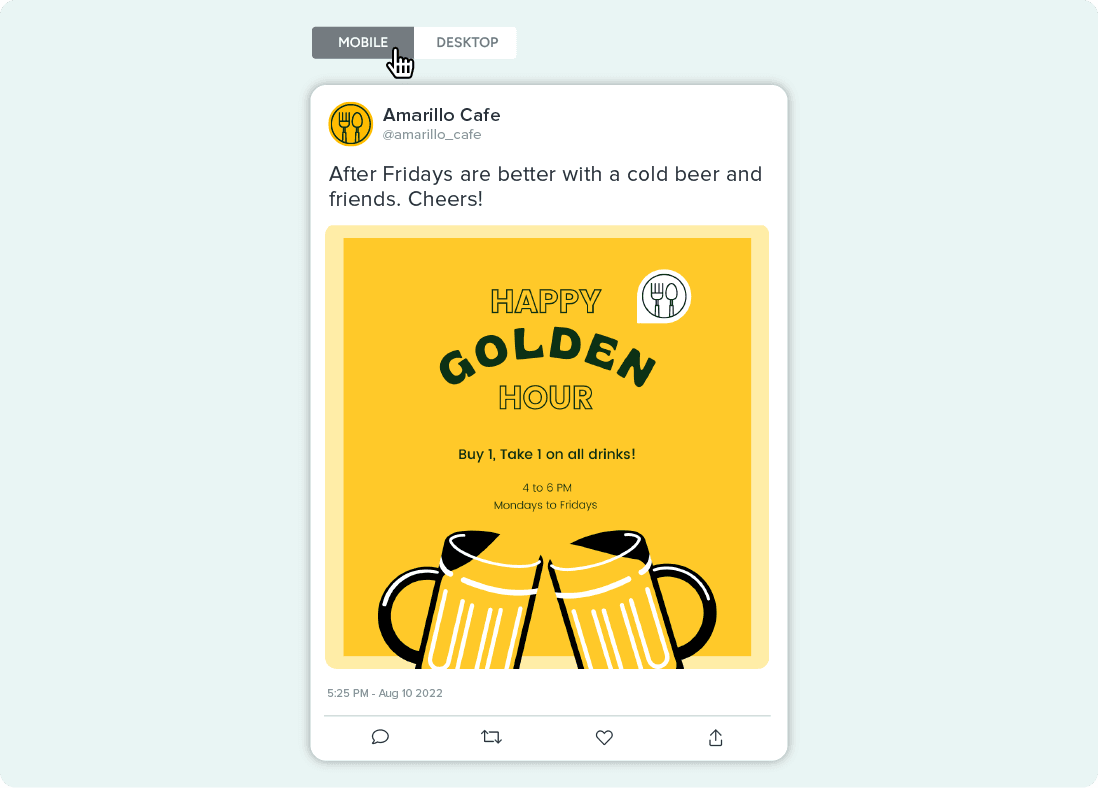 A preview of a social media post with a toggle to select mobile view or desktop view.