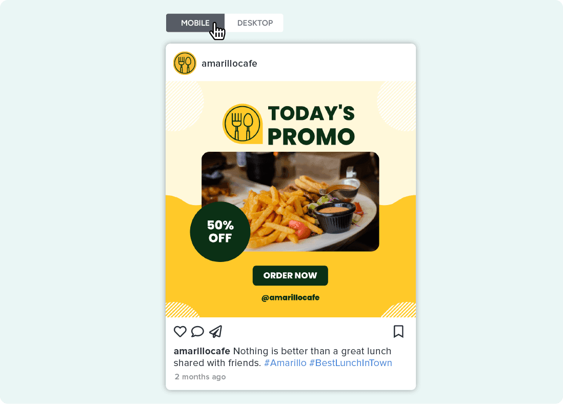A preview of a social media post with a toggle to select mobile view or desktop view.