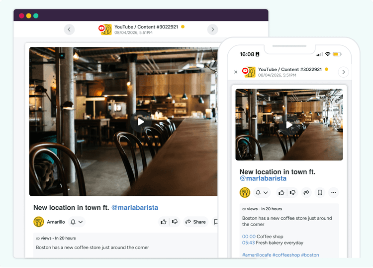 A preview of a YouTube video post in desktop and mobile versions.