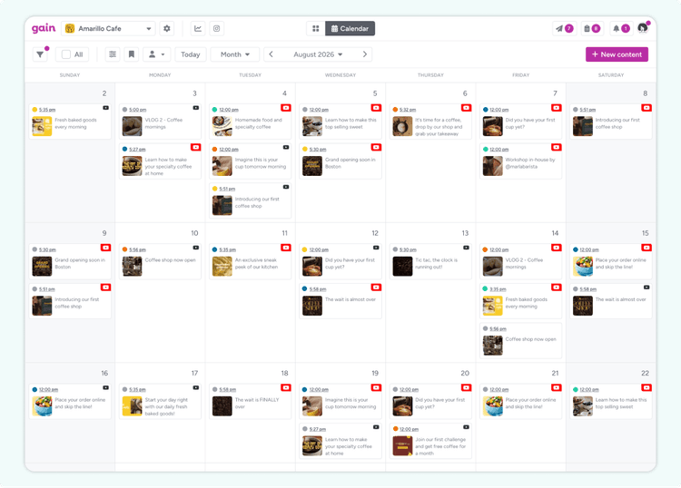 A screenshot of the content calendar in Gain, showing YouTube content for the month of August.