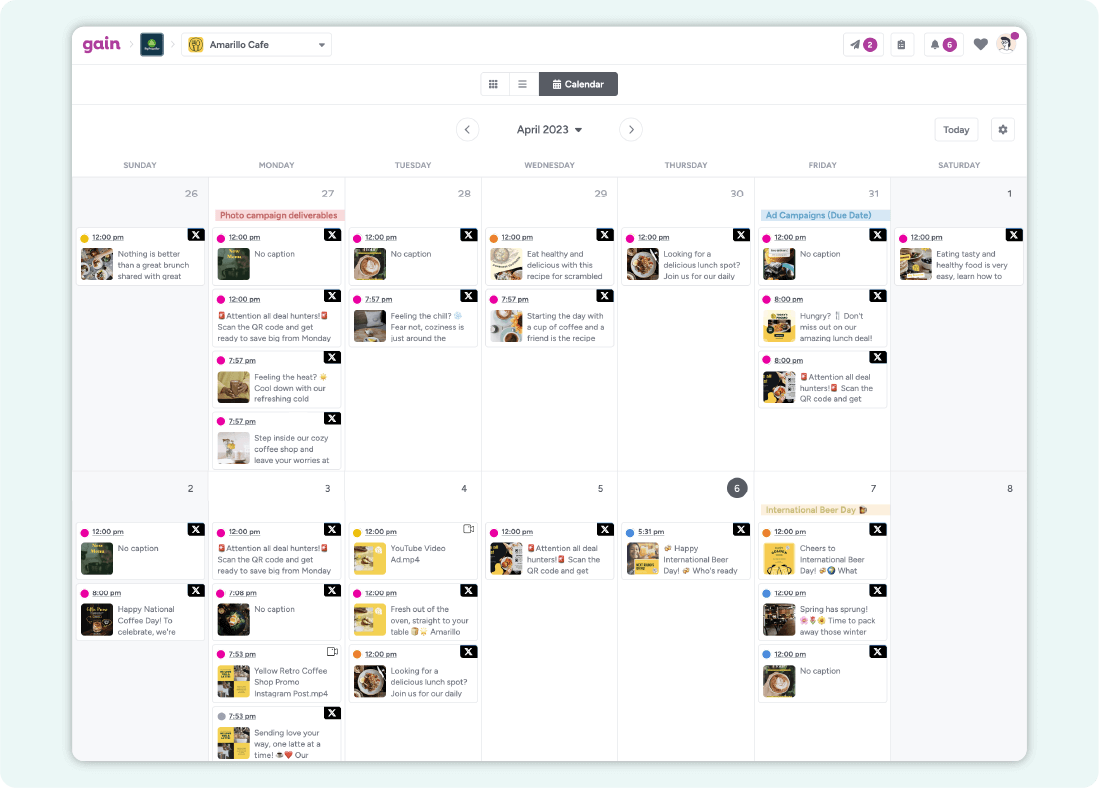 A screenshot of a content calendar in Gain, populated with X (Twitter) posts in different approval stages.