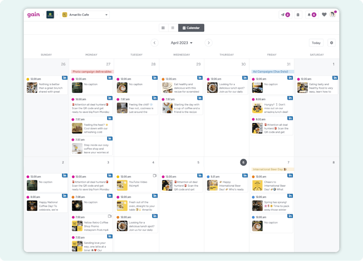 A screenshot of a content calendar in Gain, populated with LinkedIn posts in different approval stages.