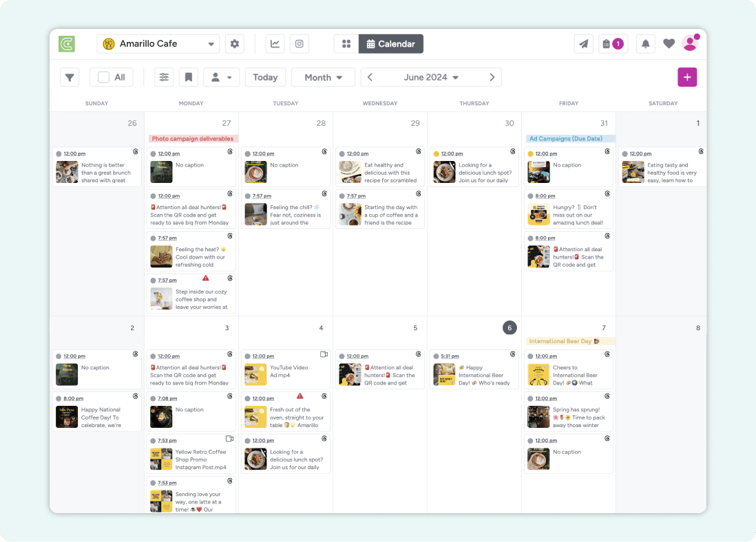 A screenshot of a content calendar in Gain, populated with Threads posts in different approval stages.