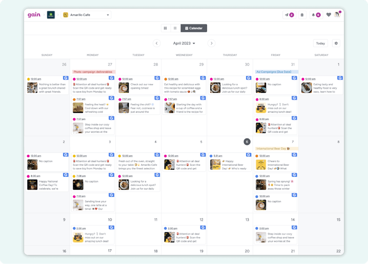 A screenshot of a content calendar in Gain, populated with Facebook posts in different approval stages.