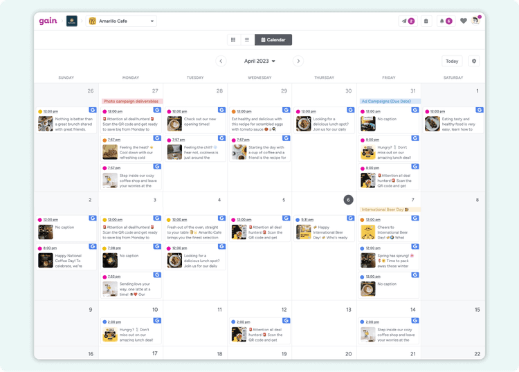 A screenshot of a content calendar in Gain, populated with Facebook posts in different approval stages.