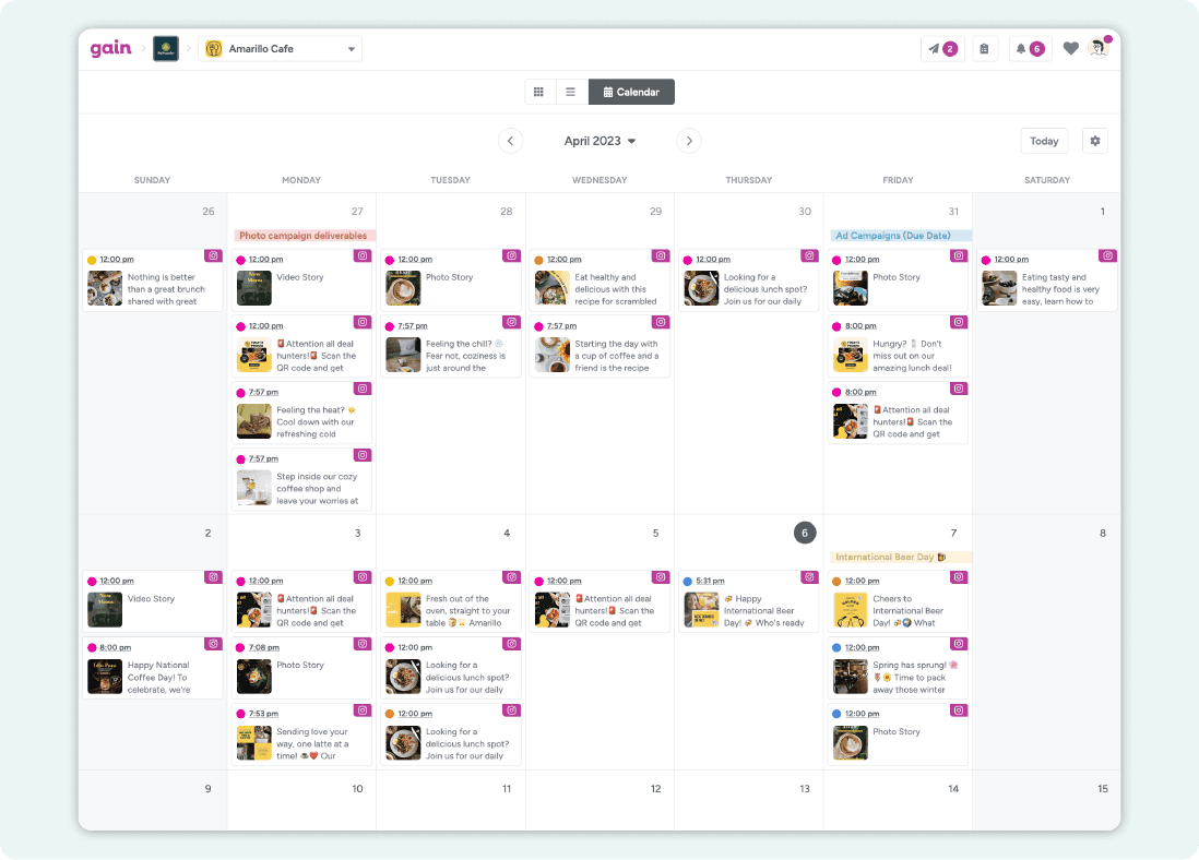 A screenshot of a content calendar in Gain, populated with Instagram posts in different approval stages.