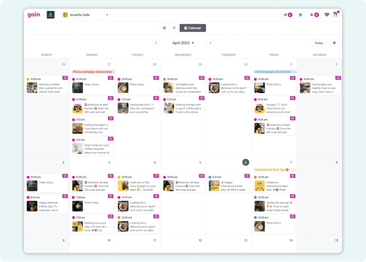 A screenshot of a content calendar in Gain, populated with Facebook posts in different approval stages.