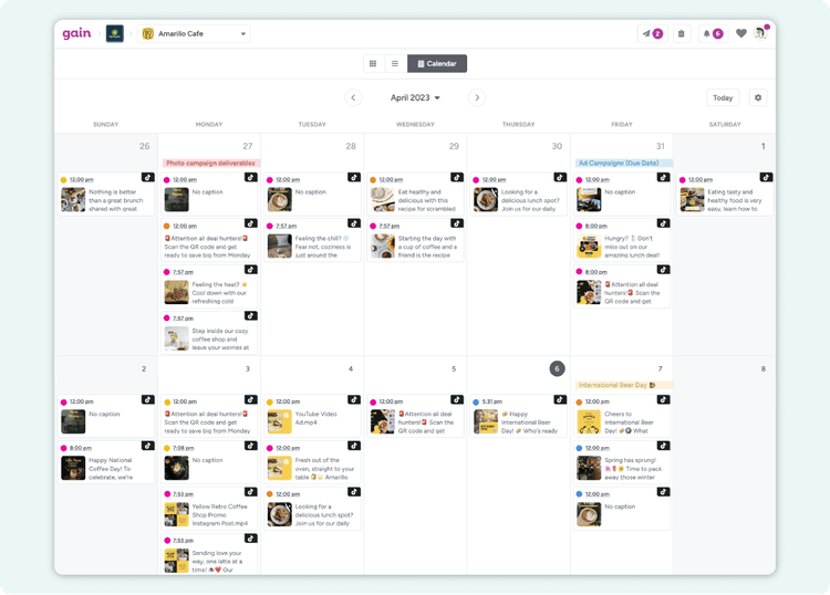 A screenshot of a content calendar in Gain, populated with TikTok posts in different approval stages.