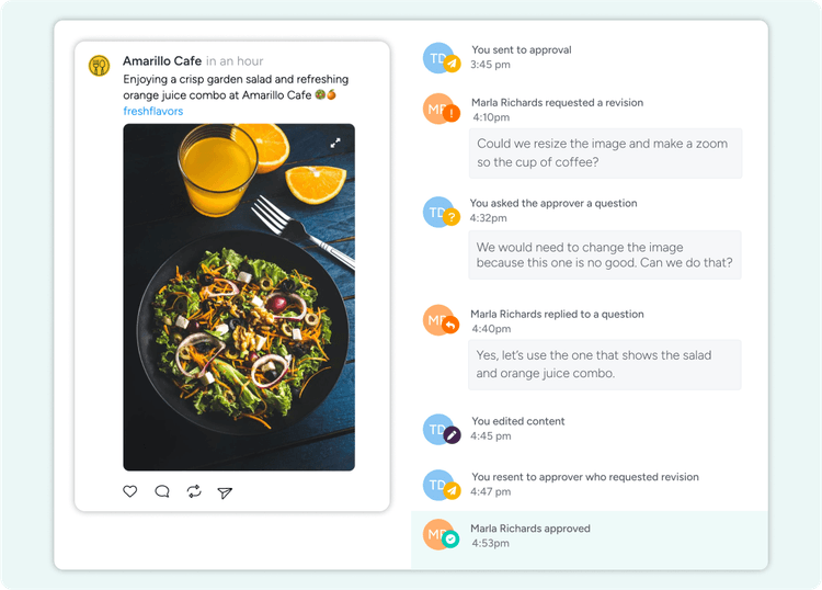 A preview of a Threads post with an activity tracker, detailing a conversation between the content creator and the client.