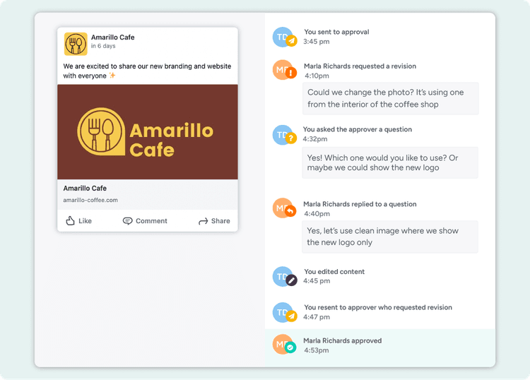 A preview of a LinkedIn post with an activity tracker, detailing a conversation between the content creator and the client.