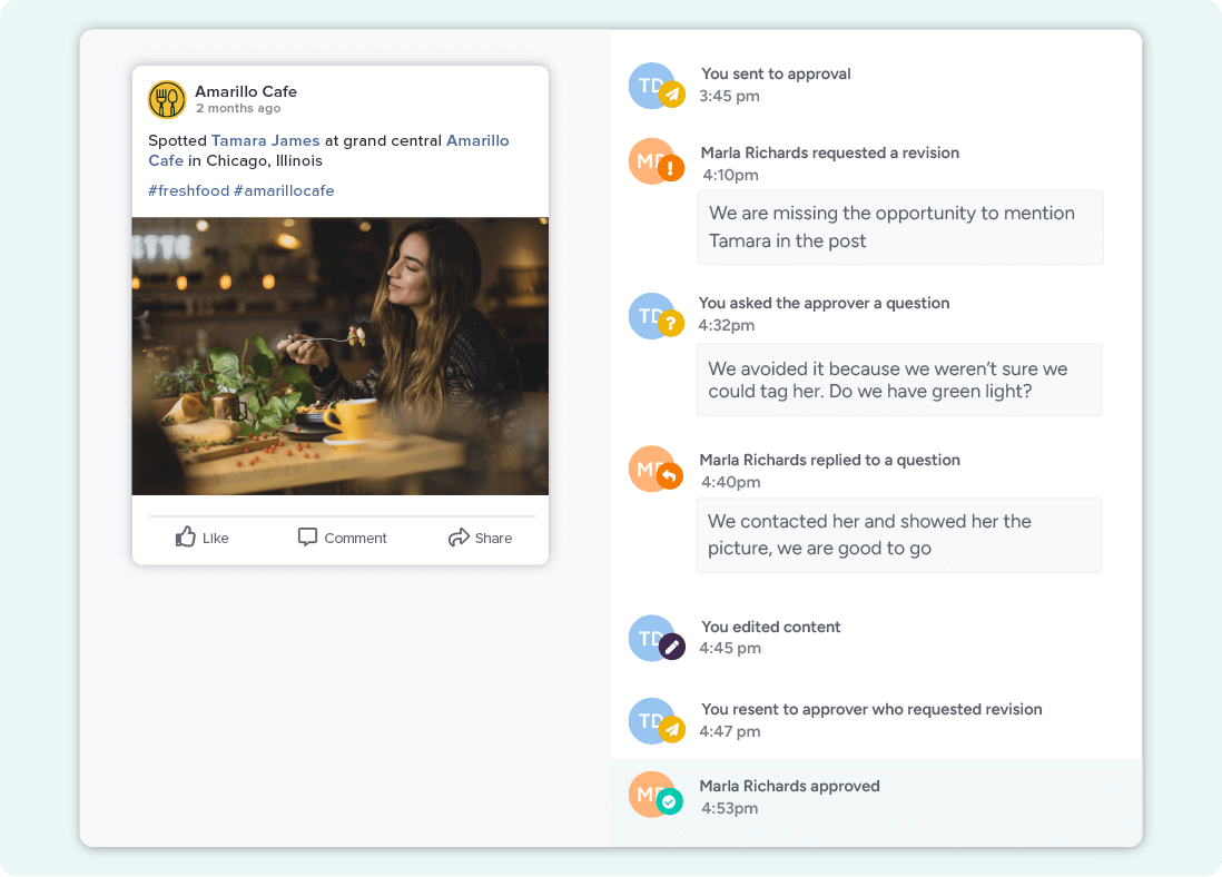 A preview of a Facebook post with an activity tracker, detailing a conversation between the content creator and the client.