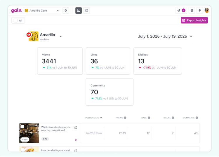 The Insights page in Gain, with YouTube content and amounts of views, likes, and other data.