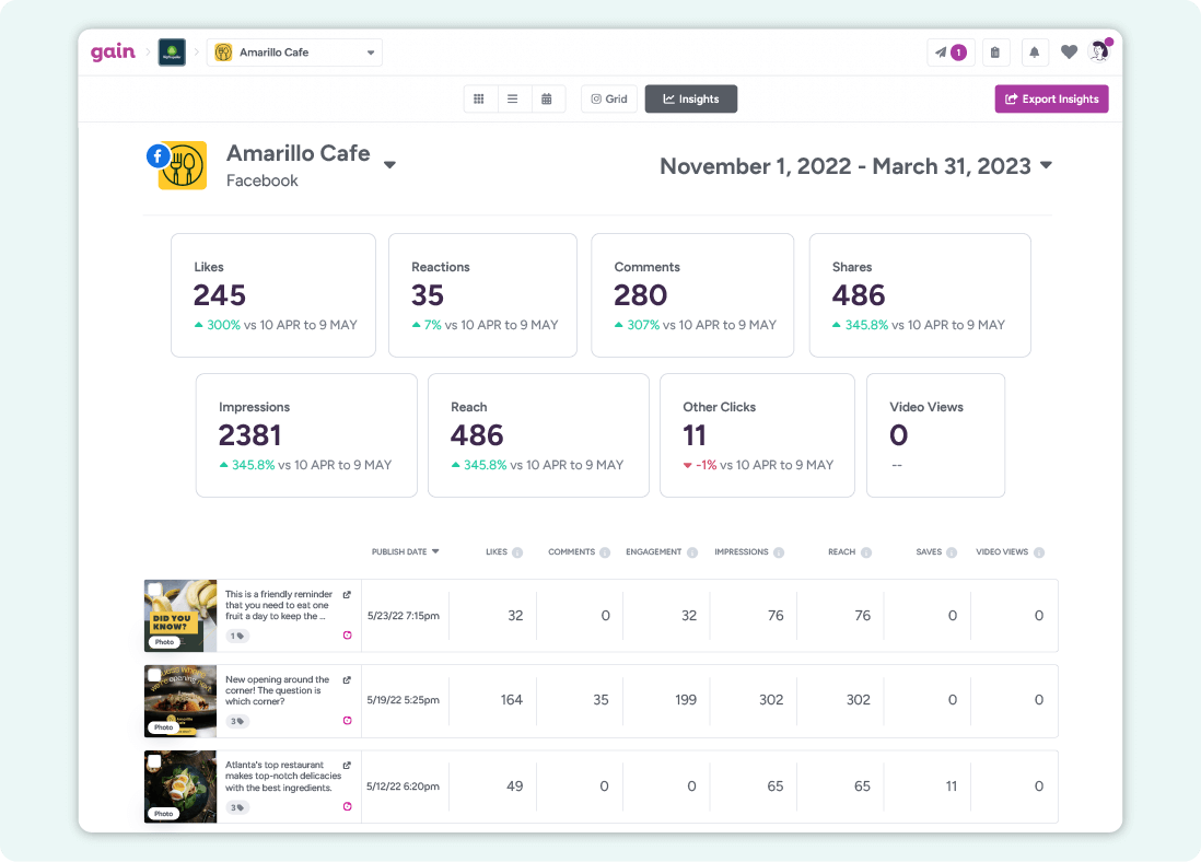 A screenshot of the Insights feature in Gain, displaying performance data for Facebook posts in an account, including Likes, Reactions, Comments, and more.