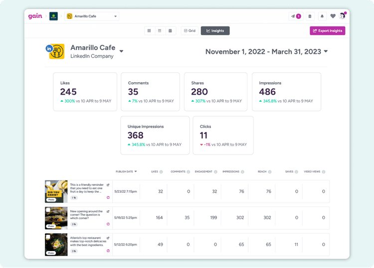 A screenshot of the Insights feature in Gain, displaying performance data for LinkedIn posts in an account, including Likes, Reactions, Comments, and more.