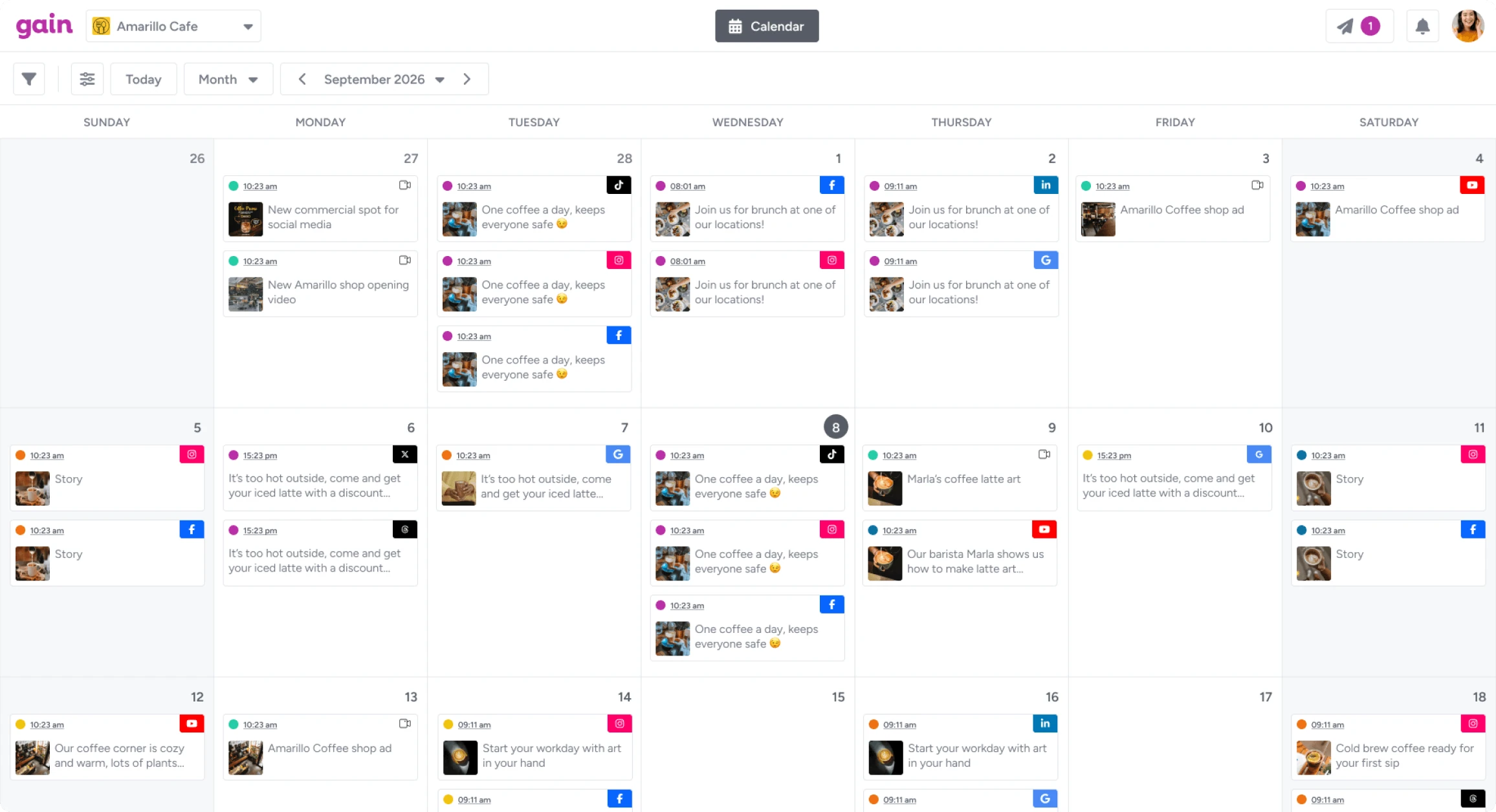 A Gain content calendar showing each post's channel and approval status