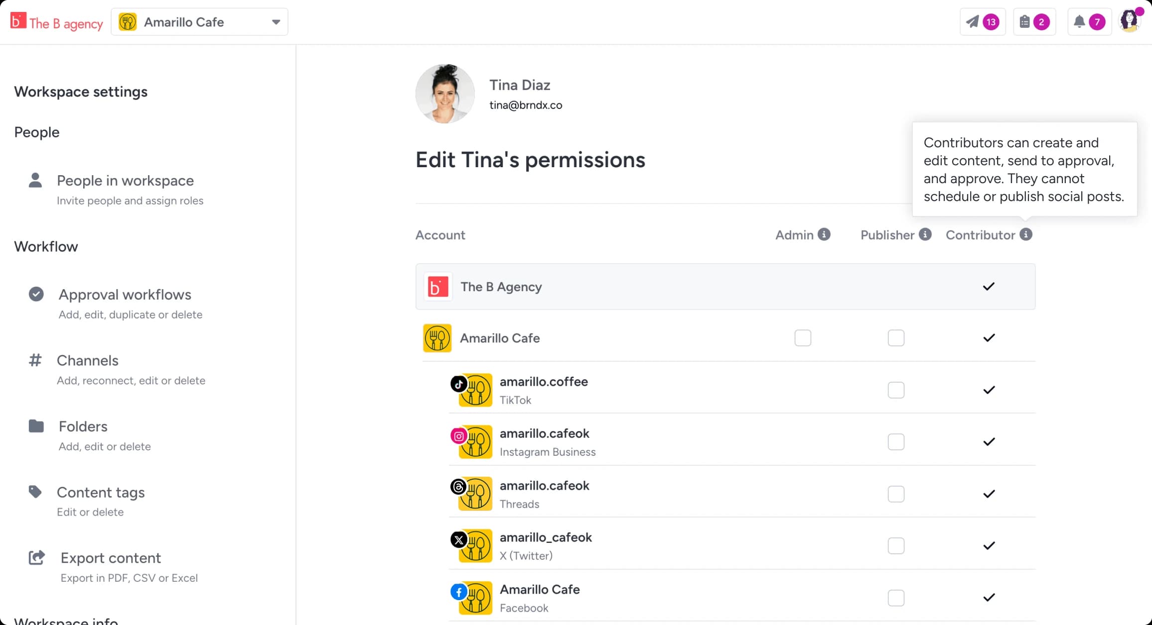 Permissions for an outside contributor in a Gain workspace, per account and channel