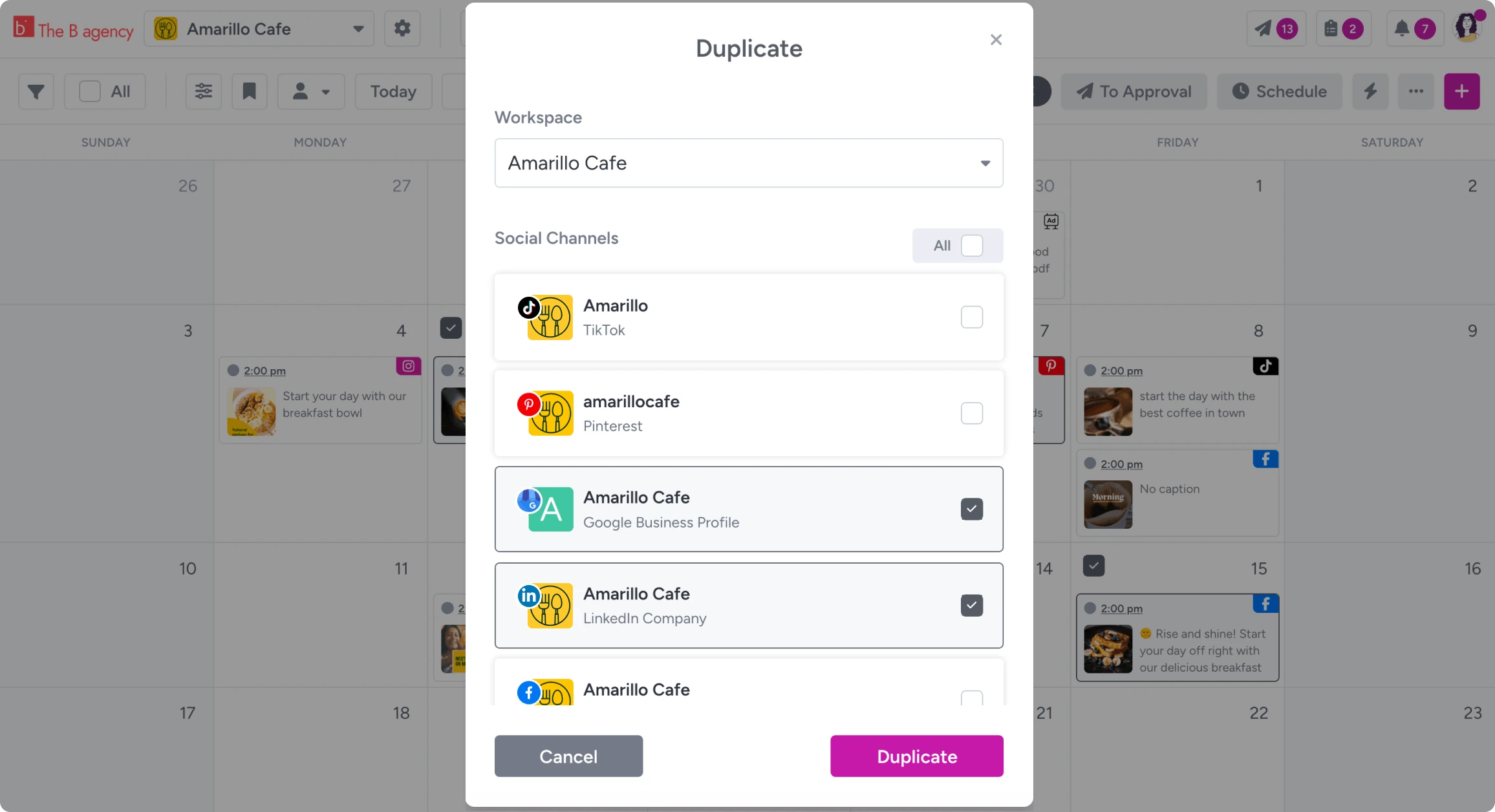 Gain's Duplicate dialog, copying a post to other social channels and workspaces