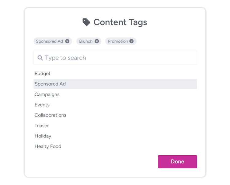 A searchable and customizable list of content tags to use within Gain.