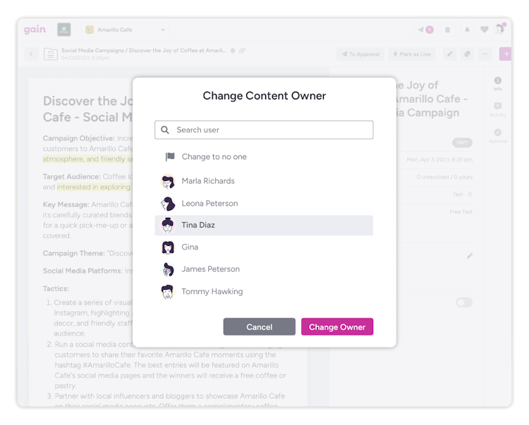 A list of team members to choose from is displayed to change a content item's ownership.