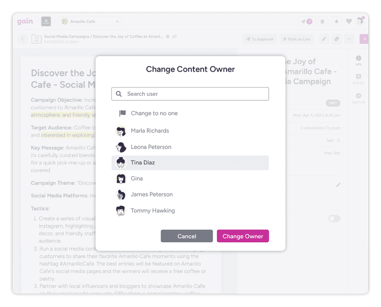 A list of team members to choose from is displayed to change a content item's ownership.